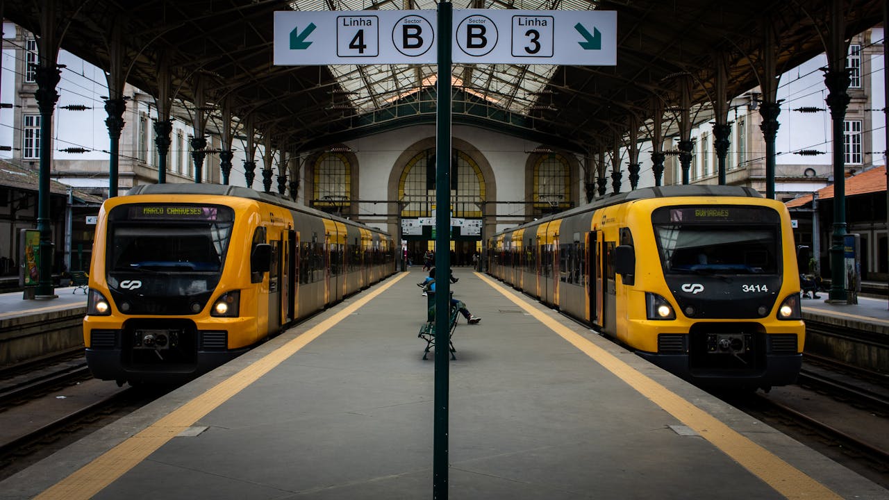 gallery-05 Symmetrical view of two trains at São Bento Station in Porto, Portugal.
