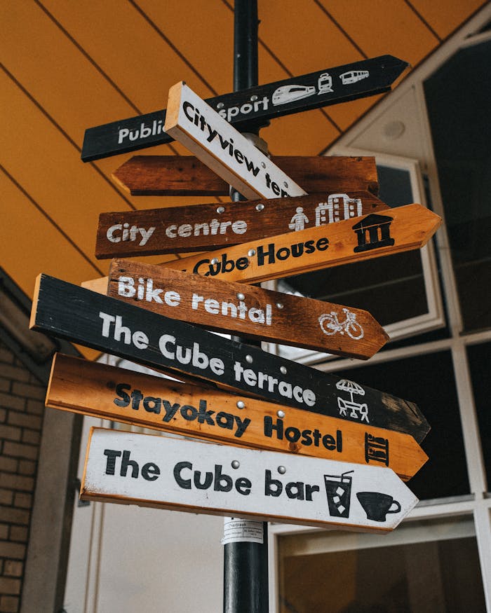 Home Multidirectional signpost showing various urban destinations and attractions.